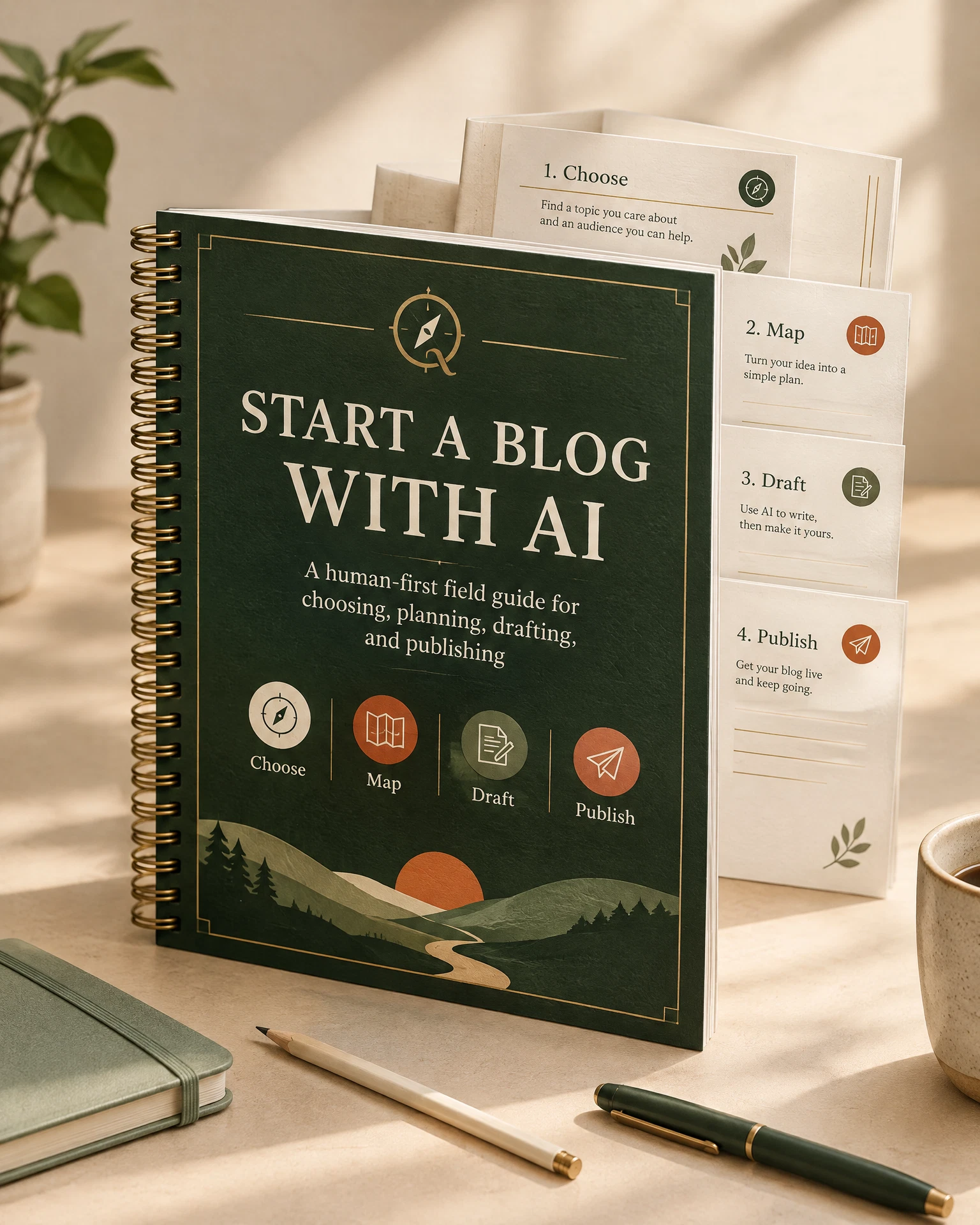 Start a Blog with AI ebook with layered planning pages